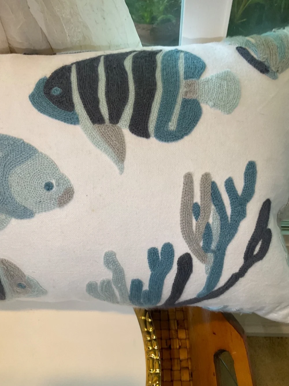 Blue & White Embroidered Knitted Fish Throw Pillow